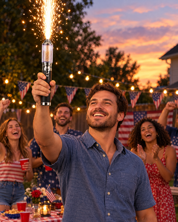 Spark wand at a Fourth of July backyard party