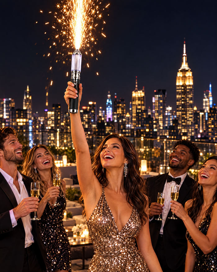 Spark wand at a New Year's Eve rooftop party