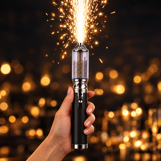 Handheld spark wand releasing a fountain of golden sparks