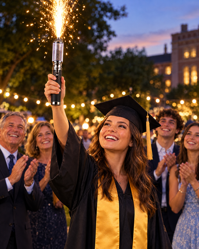 Graduate celebrating with a spark wand