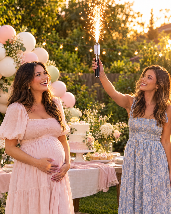 Spark wand at an outdoor baby shower