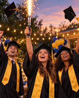 Graduates celebrating with a spark wand at a backyard party