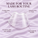 Lash shower shield features: clear view, curved shape, adhesive strip, lightweight