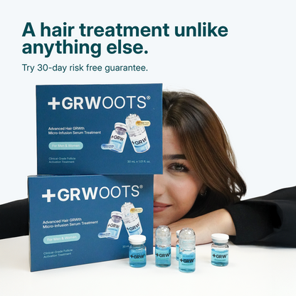 GRWoots micro infusion hair treatment packaging with a woman and bottles on a white background